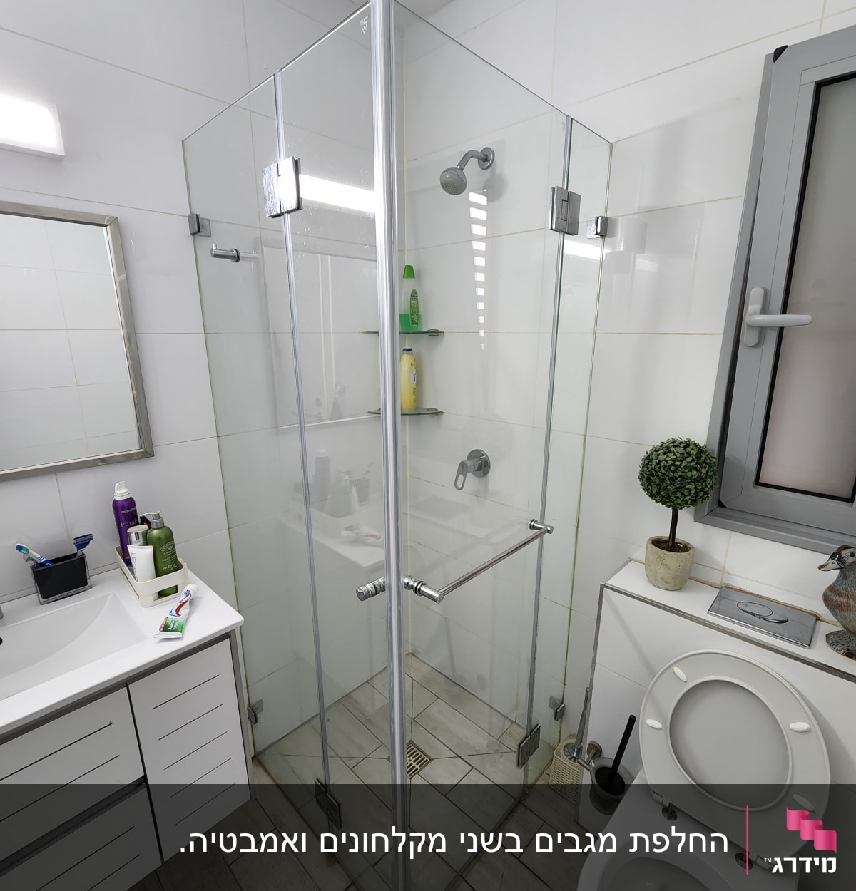 מקלחון זכוכית עם מדפים ומוצרים